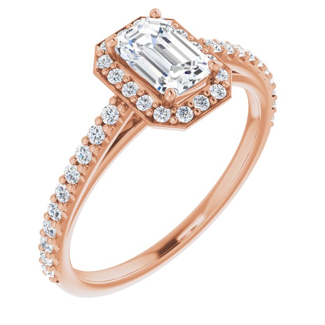 10K Rose Gold Customizable Emerald/Radiant Cut Design with Halo and Thin Pavé Band