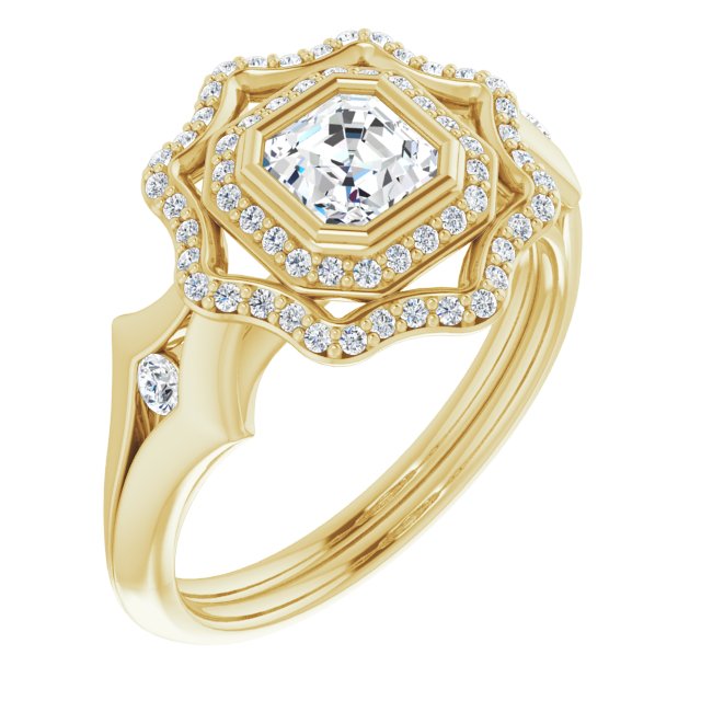 10K Yellow Gold Customizable Cathedral-bezel Asscher Cut Design with Floral Double Halo and Channel-Accented Split Band