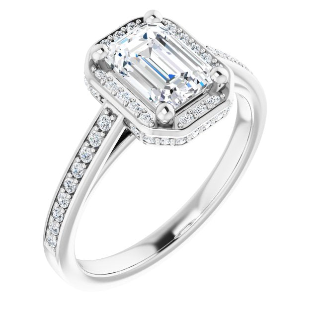 10K White Gold Customizable Cathedral-Halo Emerald/Radiant Cut Design with Under-halo & Shared Prong Band