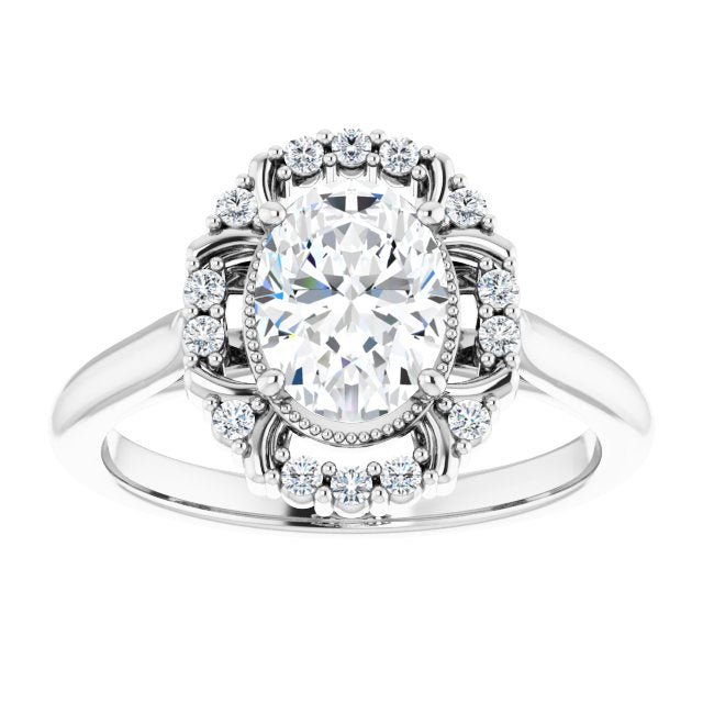 Cubic Zirconia Engagement Ring- The Sana (Customizable Oval Cut Design with Majestic Crown Halo and Raised Illusion Setting)