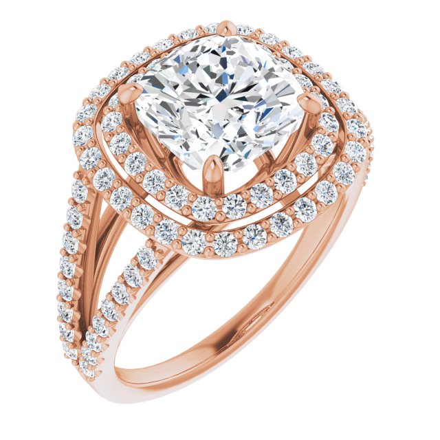 10K Rose Gold Customizable Cushion Cut Design with Double Halo and Wide Split-Pavé Band
