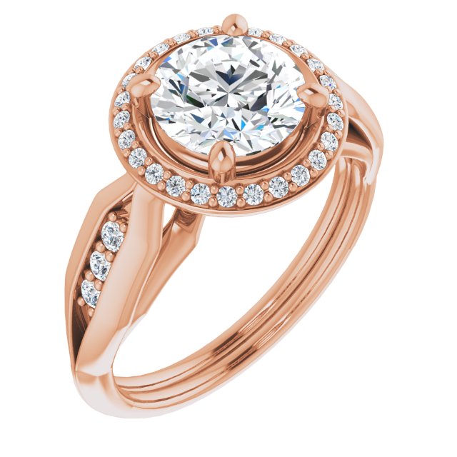 10K Rose Gold Customizable Cathedral-raised Round Cut Design with Halo and Tri-Cluster Band Accents