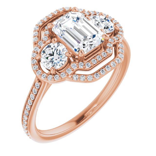 10K Rose Gold Customizable Enhanced 3-stone Double-Halo Style with Emerald/Radiant Cut Center and Thin Band