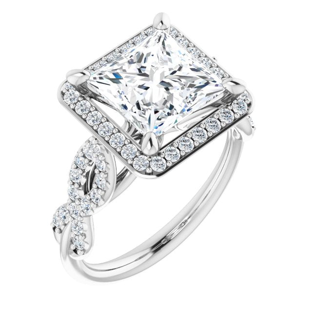10K White Gold Customizable Cathedral-Halo Princess/Square Cut Design with Artisan Infinity-inspired Twisting Pavé Band