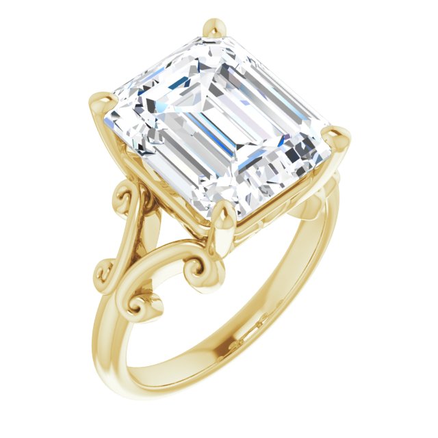 10K Yellow Gold Customizable Emerald/Radiant Cut Solitaire with Band Flourish and Decorative Trellis