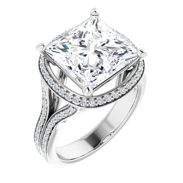 10K White Gold Customizable Cathedral-raised Princess/Square Cut Setting with Halo and Shared Prong Band