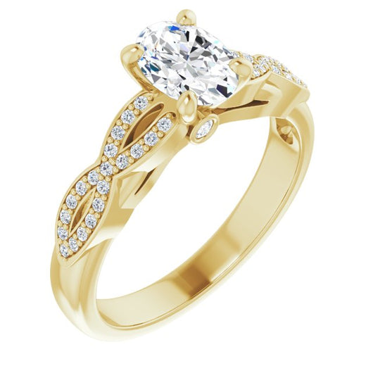 10K Yellow Gold Customizable Oval Cut Design featuring Infinity Pavé Band and Round-Bezel Peekaboos