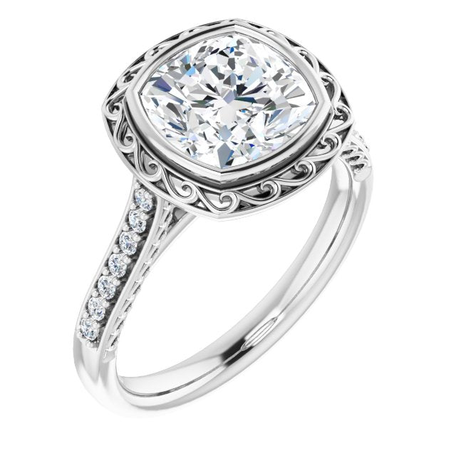 10K White Gold Customizable Cathedral-Bezel Cushion Cut Design featuring Accented Band with Filigree Inlay