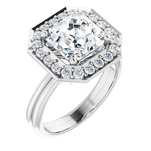 10K White Gold Customizable Cluster-Halo Accented Asscher Cut Style with Tapered Dual Band