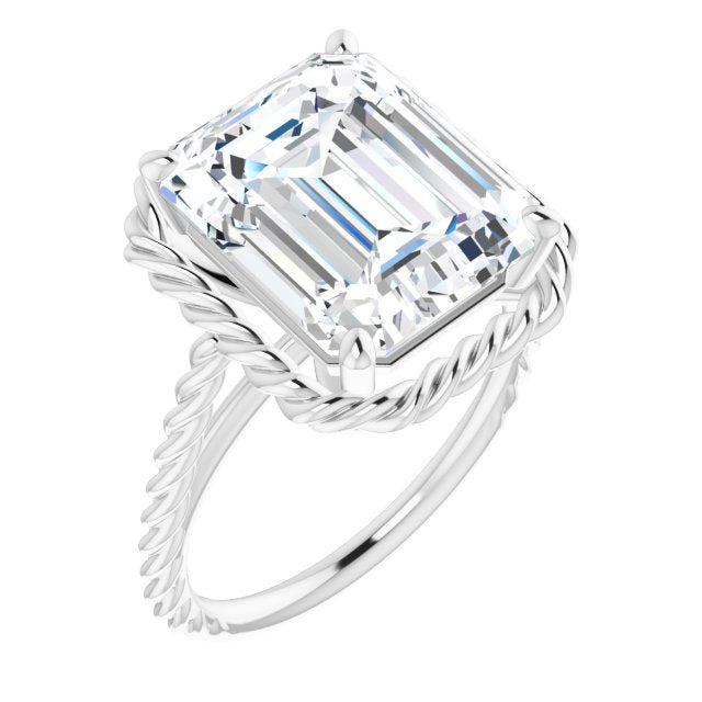 10K White Gold Customizable Cathedral-set Emerald/Radiant Cut Solitaire with Thin Rope-Twist Band