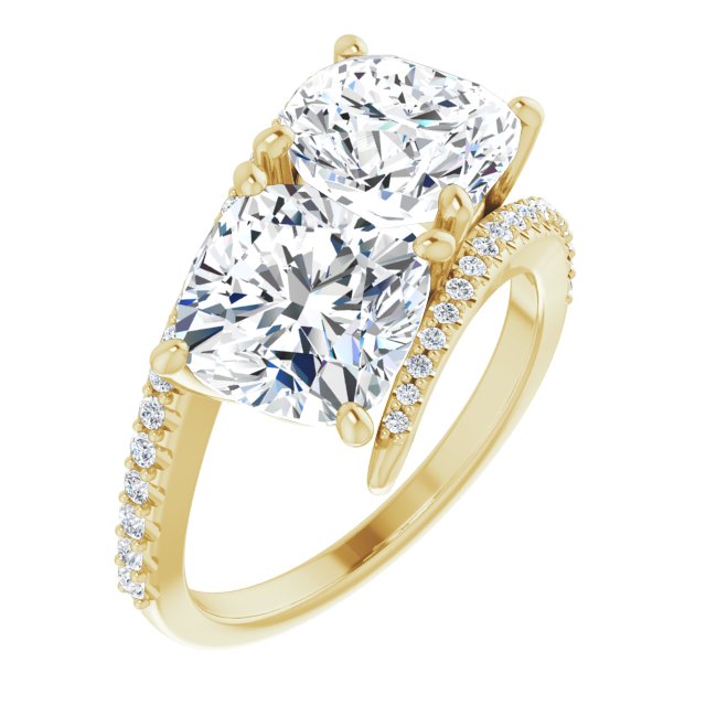 10K Yellow Gold Customizable Double Cushion Cut 2-stone Design with Ultra-thin Bypass Band and Pavé Enhancement