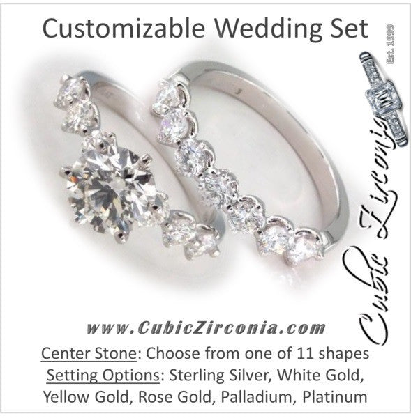 CZ Wedding Set, Shared Prong Scalloped Wedding Set with Customizable Center Stone