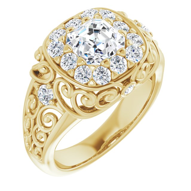 10K Yellow Gold Customizable Asscher Cut Halo Style with Round Prong Side Stones and Intricate Metalwork