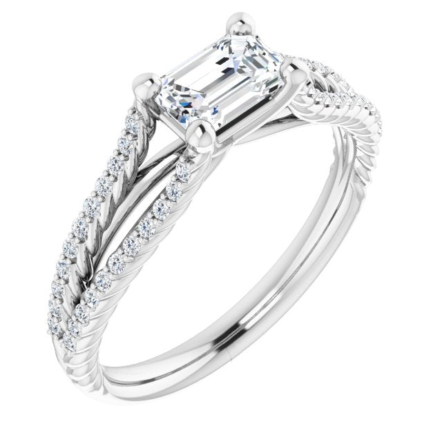 10K White Gold Customizable Emerald/Radiant Cut Style with Split Band and Rope-Pavé