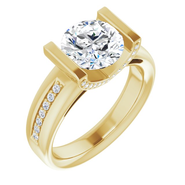 14K Yellow Gold Customizable Cathedral-Bar Round Cut Design featuring Shared Prong Band and Prong Accents