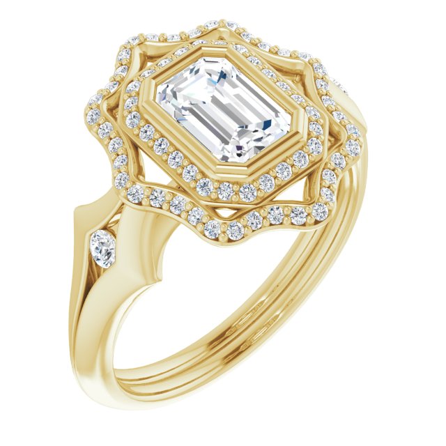 10K Yellow Gold Customizable Cathedral-bezel Emerald/Radiant Cut Design with Floral Double Halo and Channel-Accented Split Band