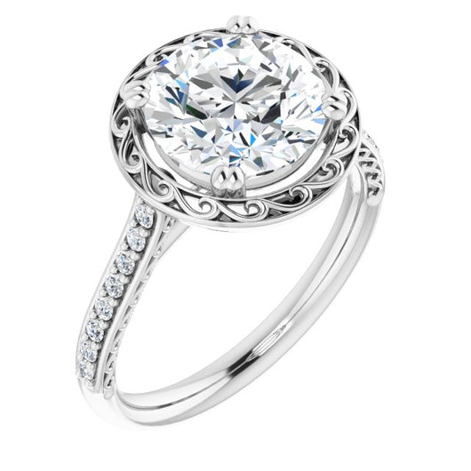 10K White Gold Customizable Round Cut Halo Design with Filigree and Accented Band