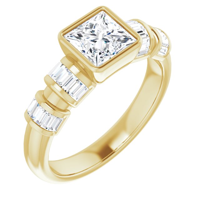 10K Yellow Gold Customizable Bezel-set Princess/Square Cut Design with Quad Horizontal Band Sleeves of Baguette Accents