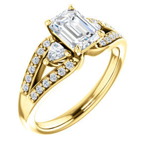 Cubic Zirconia Engagement Ring- The Karen (Customizable Enhanced 3-stone Design with Emerald Cut Center, Dual Trillion Accents and Wide Pavé-Split Band)