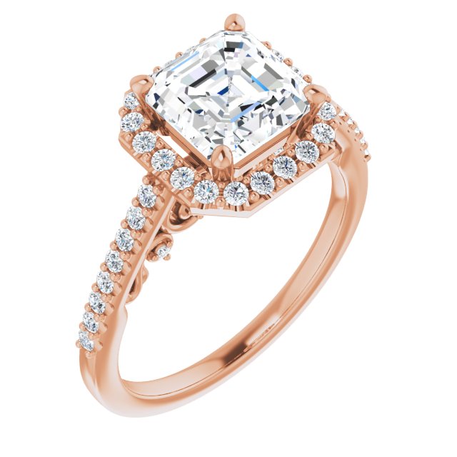 Cubic Zirconia Engagement Ring- The Aiko (Customizable Cathedral-Halo Asscher Cut Design with Carved Metal Accent plus Pavé Band)
