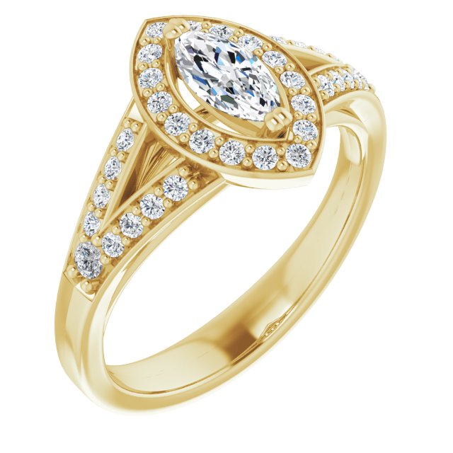 10K Yellow Gold Customizable Cathedral-set Marquise Cut Style with Accented Split Band and Halo