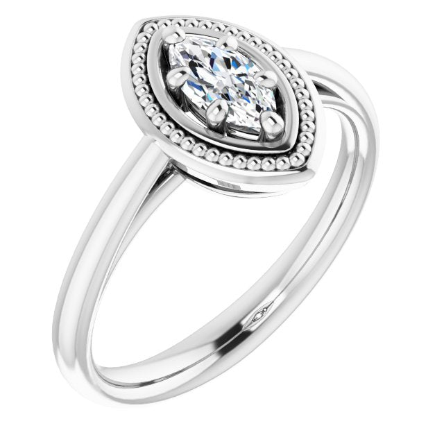 10K White Gold Customizable Marquise Cut Solitaire with Metallic Drops Halo Lookalike