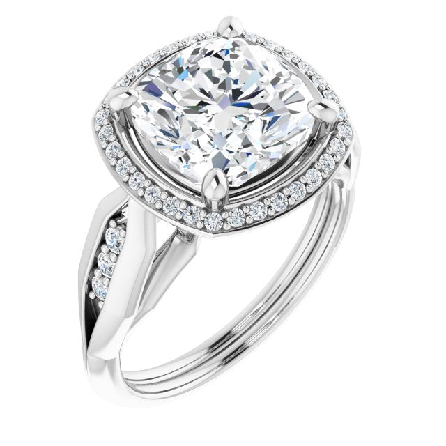10K White Gold Customizable Cathedral-raised Cushion Cut Design with Halo and Tri-Cluster Band Accents