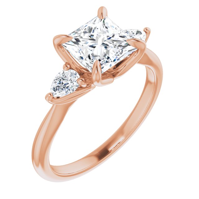 10K Rose Gold Customizable 3-stone Design with Princess/Square Cut Center and Dual Large Pear Side Stones