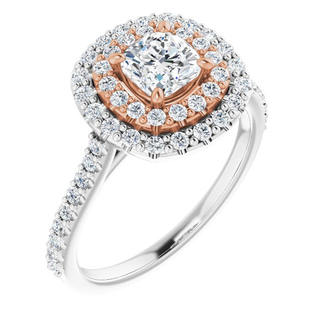 14K White & Rose Gold Customizable Double-Halo Cushion Cut Design with Accented Split Band