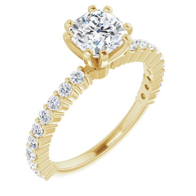 10K Yellow Gold Customizable 8-prong Cushion Cut Design with Thin, Stackable Pav? Band