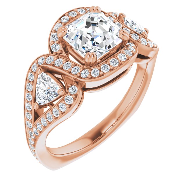 10K Rose Gold Customizable Asscher Cut Center with Twin Trillion Accents, Twisting Shared Prong Split Band, and Halo