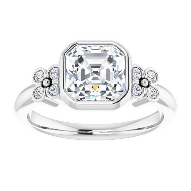 Cubic Zirconia Engagement Ring- The Kjerstin Rose (Customizable 9-stone Bezel-set Asscher Cut Design with Quad Round Bezel Side Stones Each Side)