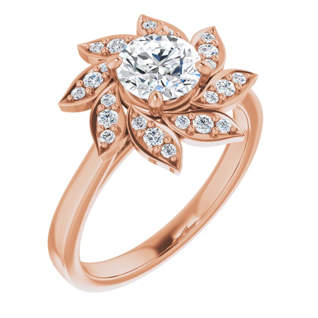 10K Rose Gold Customizable Round Cut Design with Artisan Floral Halo