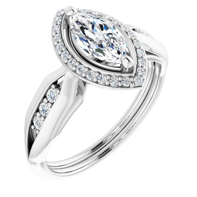 10K White Gold Customizable Cathedral-raised Marquise Cut Design with Halo and Tri-Cluster Band Accents