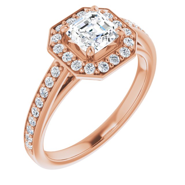 10K Rose Gold Customizable Asscher Cut Style with Halo and Sculptural Trellis
