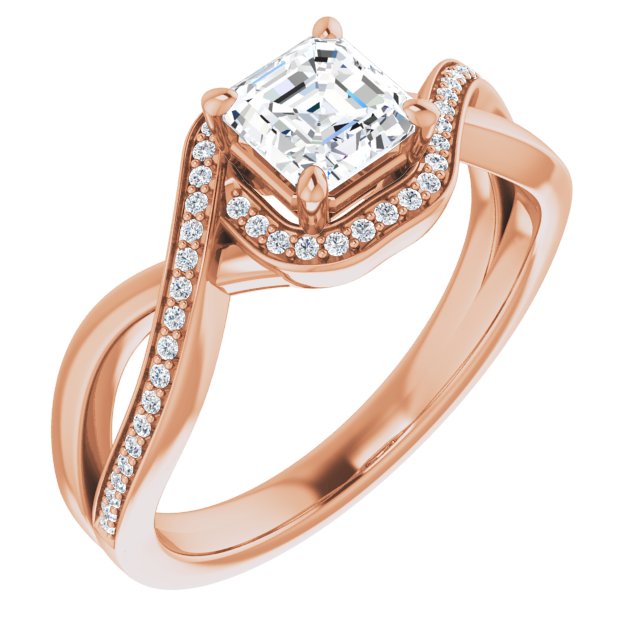 10K Rose Gold Customizable Bypass-Halo-Accented Asscher Cut Center with Twisting Split Shared Prong Band