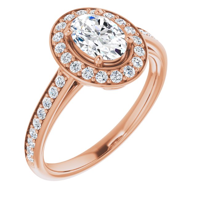 10K Rose Gold Customizable Cathedral-raised Oval Cut Halo-and-Accented Band Design