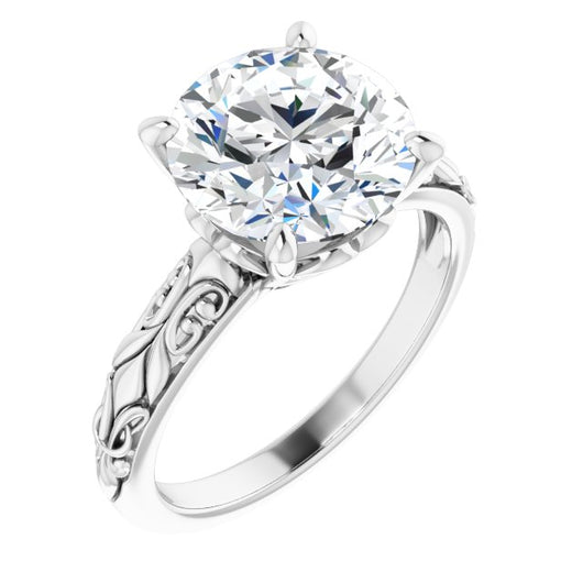 10K White Gold Customizable Round Cut Solitaire featuring Delicate Metal Scrollwork