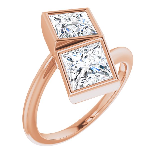 10K Rose Gold Customizable 2-stone Double Bezel Princess/Square Cut Design with Artisan Bypass Band