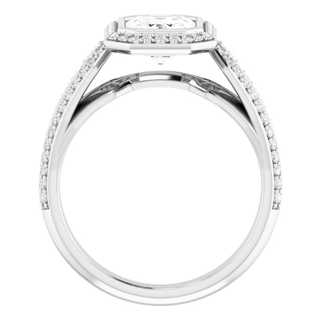 Cubic Zirconia Engagement Ring- The Alekhya (Customizable Cathedral-Bezel Radiant Cut Design with Halo, Split-Pavé Band & Channel Baguettes)
