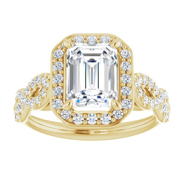 Cubic Zirconia Engagement Ring- The Jakayla (Customizable Cathedral-Halo Emerald Cut Design with Artisan Infinity-inspired Twisting Pavé Band)