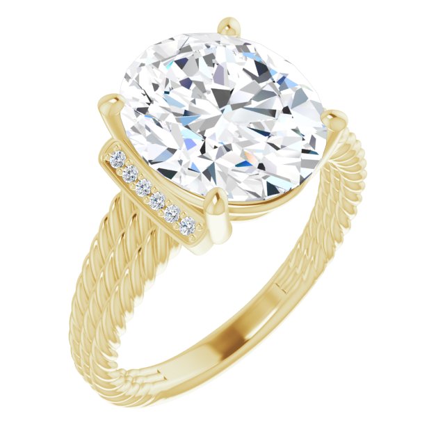 10K Yellow Gold Customizable 11-stone Design featuring Oval Cut Center, Vertical Round-Channel Accents & Wide Triple-Rope Band