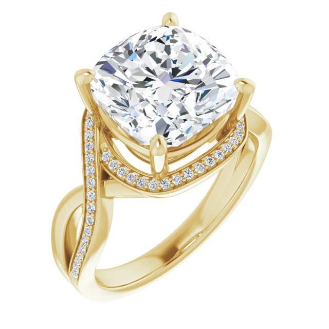 10K Yellow Gold Customizable Bypass-Halo-Accented Cushion Cut Center with Twisting Split Shared Prong Band