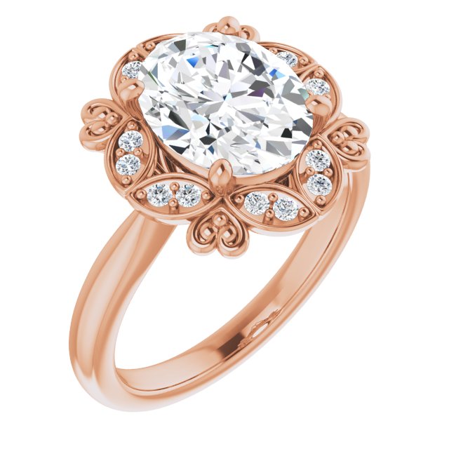 10K Rose Gold Customizable Oval Cut Design with Floral Segmented Halo & Sculptural Basket