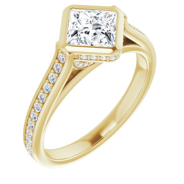 10K Yellow Gold Customizable Cathedral-Bezel Princess/Square Cut Design with Under Halo and Shared Prong Band
