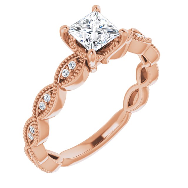 10K Rose Gold Customizable Princess/Square Cut Artisan Design with Scalloped, Round-Accented Band and Milgrain Detail