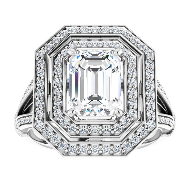 Cubic Zirconia Engagement Ring- The Chaunte (Customizable Cathedral-set Emerald Cut Design with Double Halo, Wide Split-Shared Prong Band and Side Knuckle Accents)