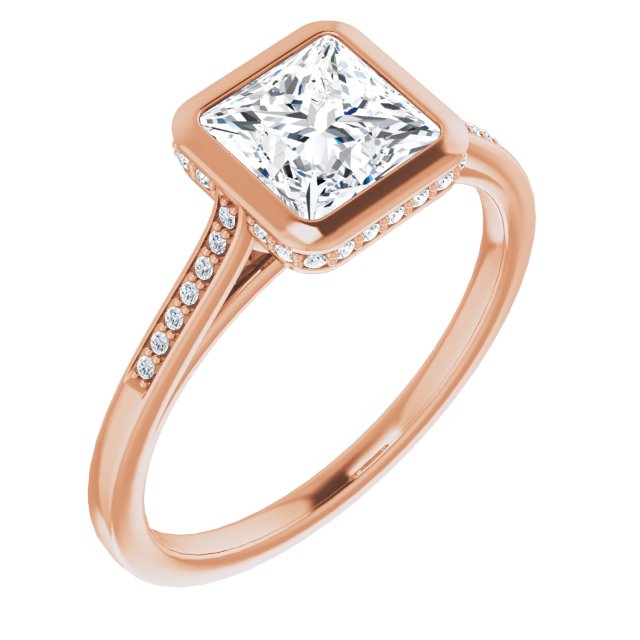 10K Rose Gold Customizable Cathedral-Bezel Princess/Square Cut Style with Under-halo and Shared Prong Band