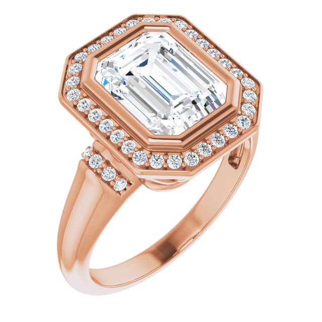 10K Rose Gold Customizable Bezel-set Emerald/Radiant Cut Design with Halo and Vertical Round Channel Accents
