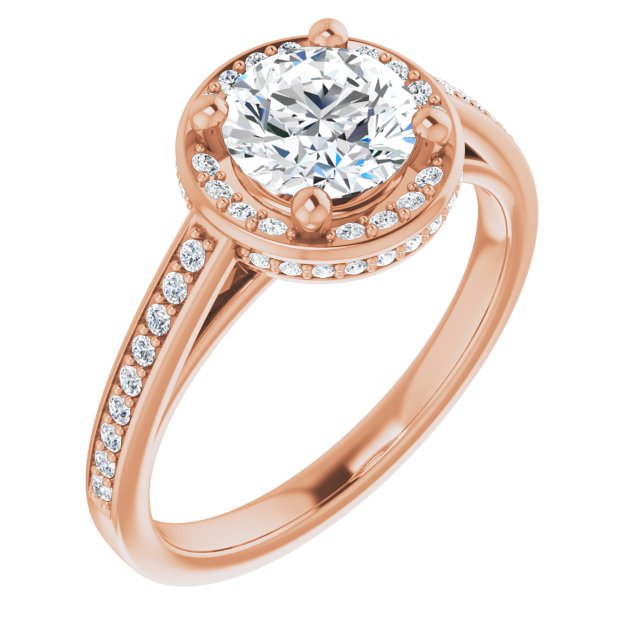 10K Rose Gold Customizable Cathedral-Halo Round Cut Design with Under-halo & Shared Prong Band